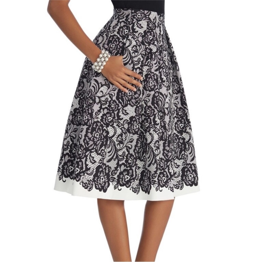 White House Black Market | Black & White Floral Lace Print Pleated Midi Skirt